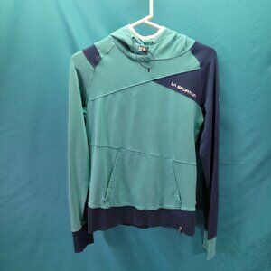 La Sportiva Womens Pullover Hoodie Small Organic Cotton Green & Navy